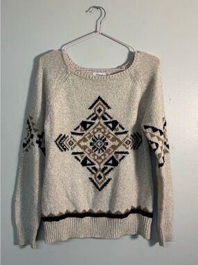 Reitmans Cream Sweater with Black & Tan Geometric Motif